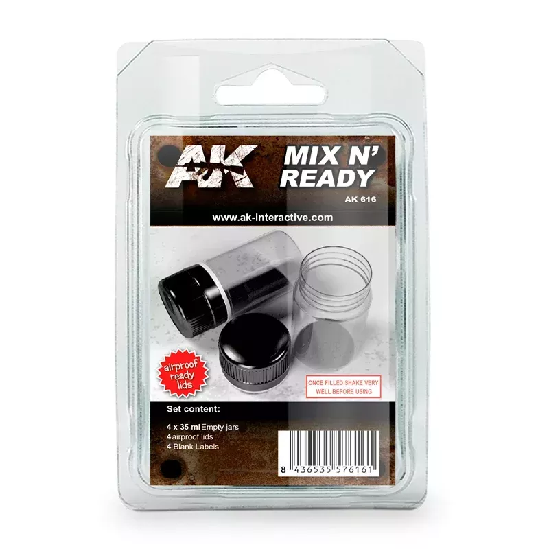 AK Interactive 616 Mix N’ Ready 35ml Empty Bottles w/Labels (4)