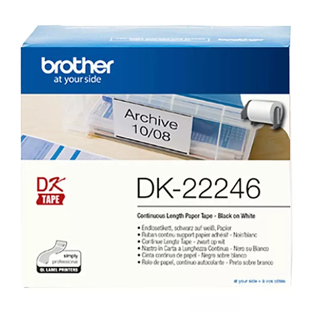 Brother DK-22246 selbstklebende Endlosetiketten (103 mm breit, 30,48 m lang, geeignet für QL-1050, QL-1050N, QL-1060N, QL-1100, QL-1110NWB) schwarz auf weiß (Papier