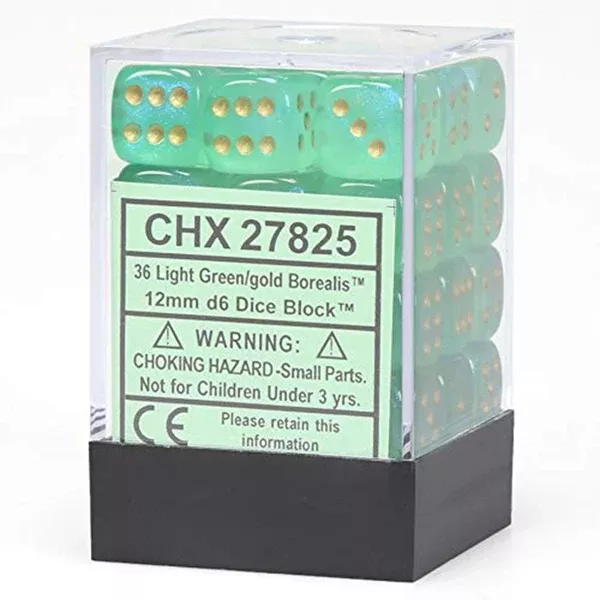 Chessex 12mm D6 Set Dice 36 Count Borealis Light Green Gold CHX 27825
