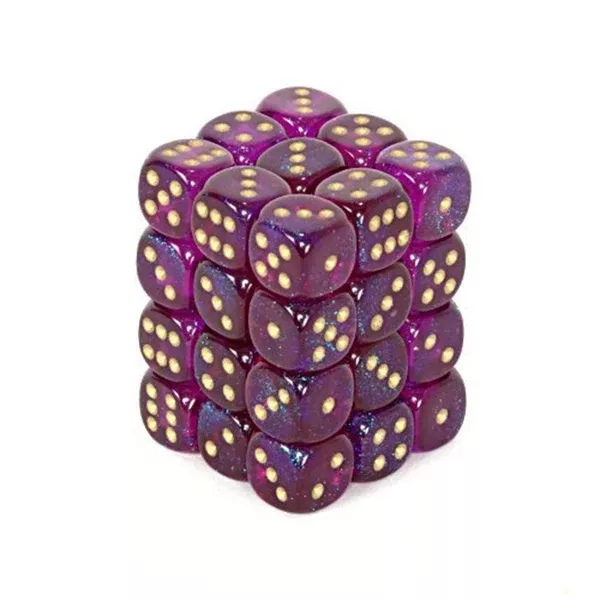 Chessex 12mm D6 Set Dice 36 Count Borealis Royal Purple Gold CHX 27867