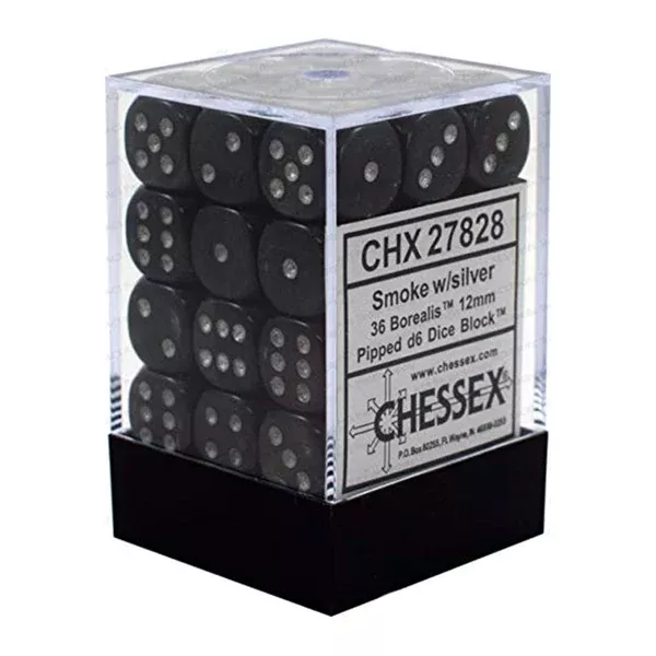 Chessex 12mm D6 Set Dice 36 Count Borealis Smoke Silver CHX 27828