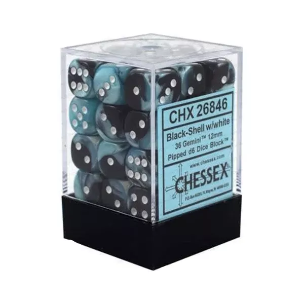 Chessex 12mm D6 Set Dice 36 Count Gemini Black-Shell White CHX 26846