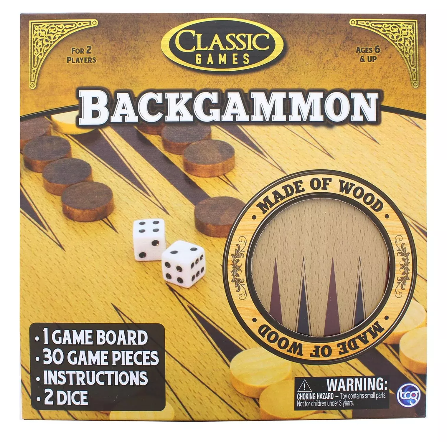 Classic Games Wood Backgammon Set | Board & 30 Game Pieces