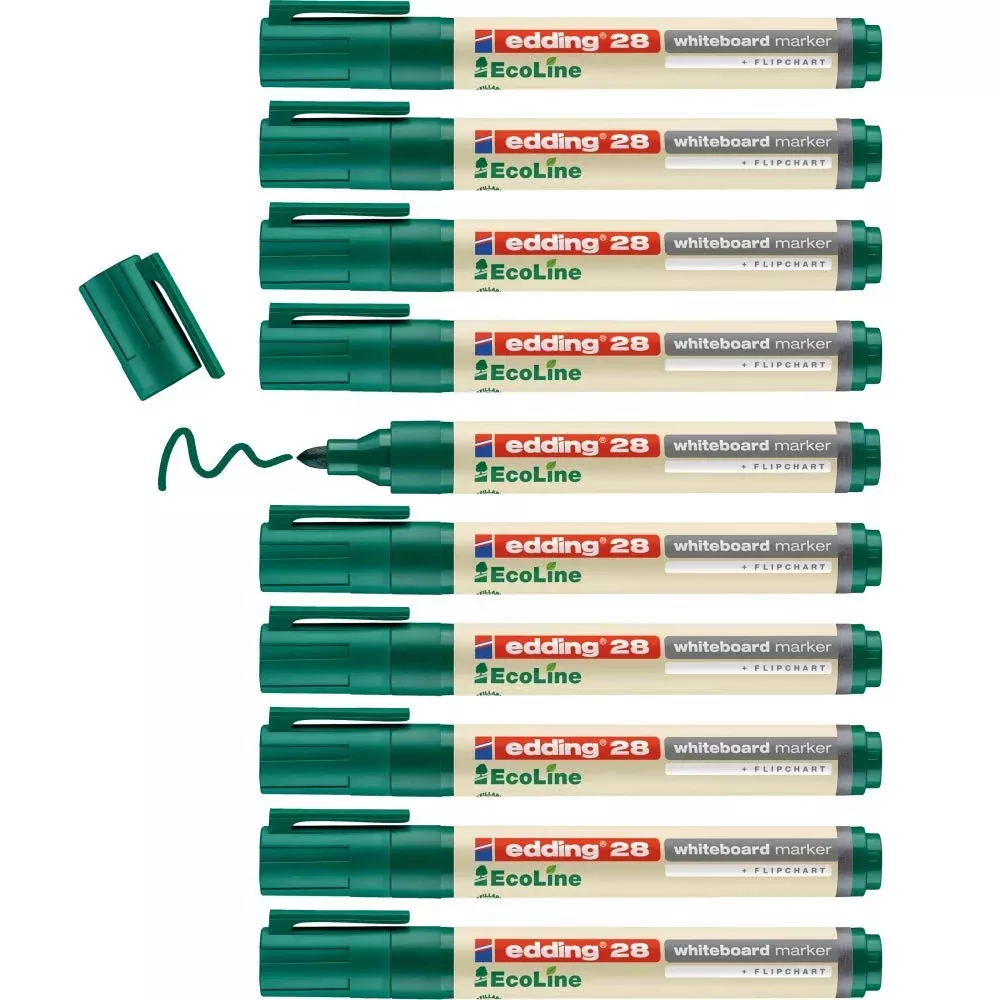 edding 28 Ecoline whiteboard marker - green - box of 10 whiteboard pens - round tip 1.5-3 mm - whiteboard pen dry wipe - for whiteboards, flipcharts, pinboards, memo boards - sketchnotes - refillable