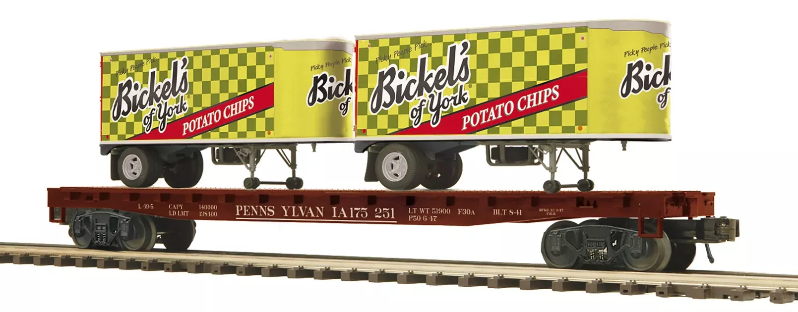 MTH 20-95508 O Scale Premier Pennsylvania PRR Flatcar with Bickels Chips Trailers