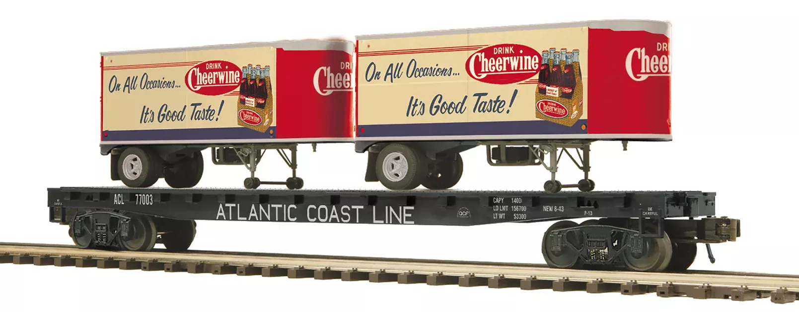 MTH 20-95510 O Scale Premier Atlantic Coast Line ACL Flatcar with Cheerwine Trailers