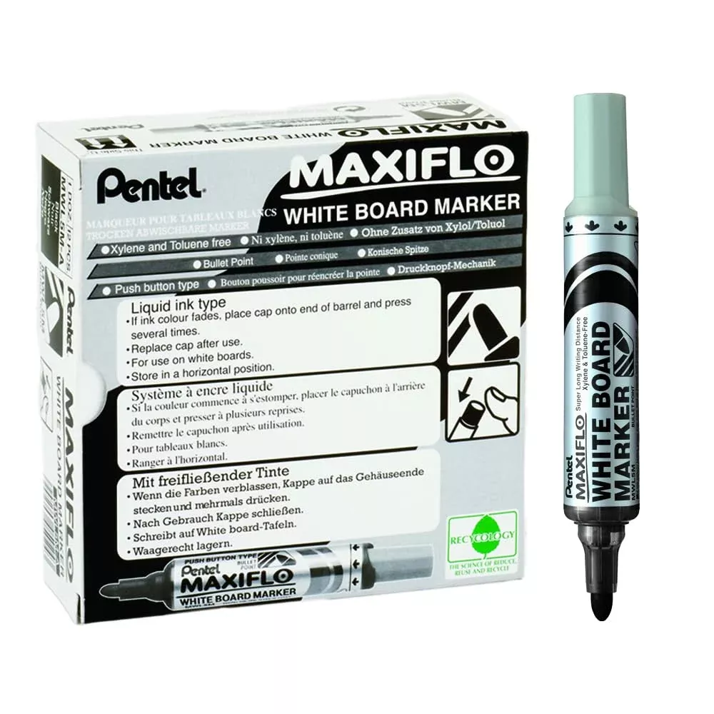 Pentel Maxiflo MWL5M-AO Drywipe Marker - Black, Box of 12