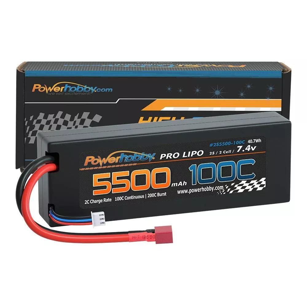 Powerhobby 2S 7.4V 5500MAH 100C Lipo Battery w Deans Plug Hard Case