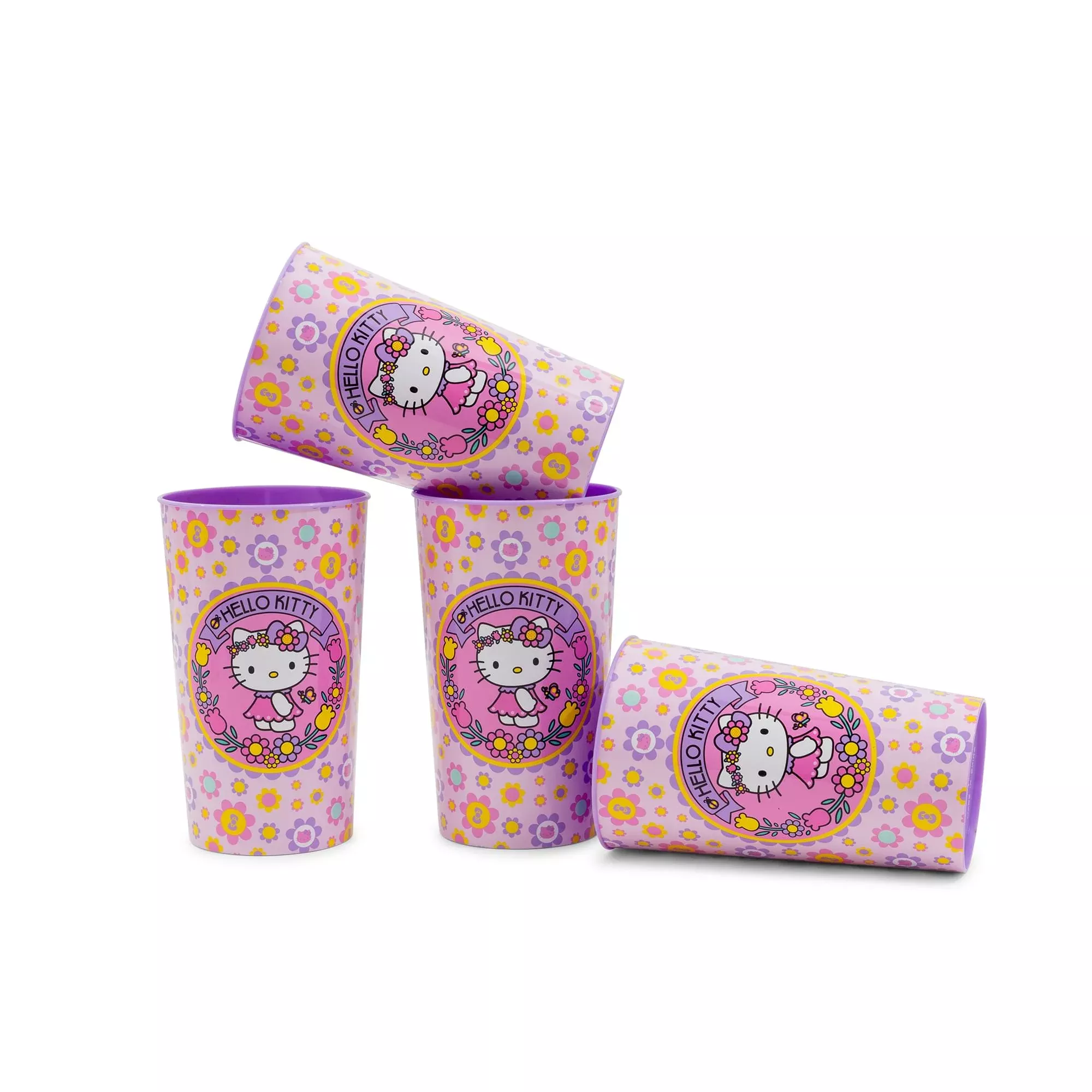 Sanrio Hello Kitty Flowers 4-Piece Plastic Cup Set | Each Holds 22 Ounces