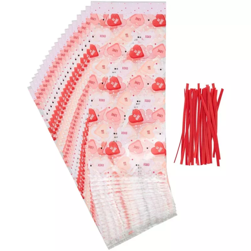 Valentine Clear Candy Heart Treat Bag, 20ct.