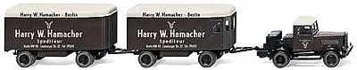 Wiking 85101 HO Scale Hanomag ST 100 Tractor w/2 Furniture Box Trailers - Assembled -- Harry W. Hammacher (brown, white, German Lettering)