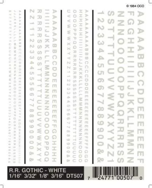 Woodland Scenics DT507 RR Gothic White Decals 1/16-3/16" Train Decal Sheet