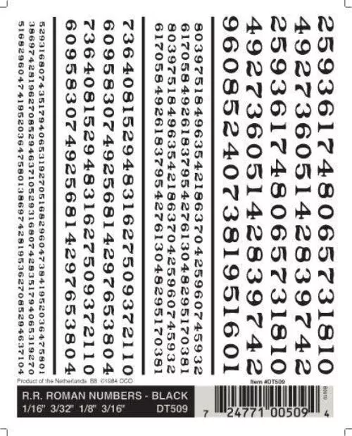 Woodland Scenics DT509 RR Roman Numbers Black 1/16-3/16" Train Decal Sheet