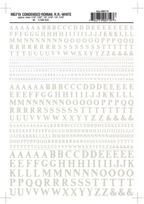 Woodland Scenics MG719 Cond Roman RR Letters White 1/16-5/16" Train Decal Sheet