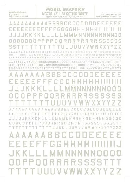 Woodland Scenics MG740 45 Deg USA Gothic Letter Wht 1/16-5/16Train Decal Sheet