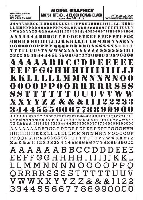 Woodland Scenics MG751 Stencil/Roman Ltr/Num Blk 3/32,1/8,1/4 Train Decal Sheet